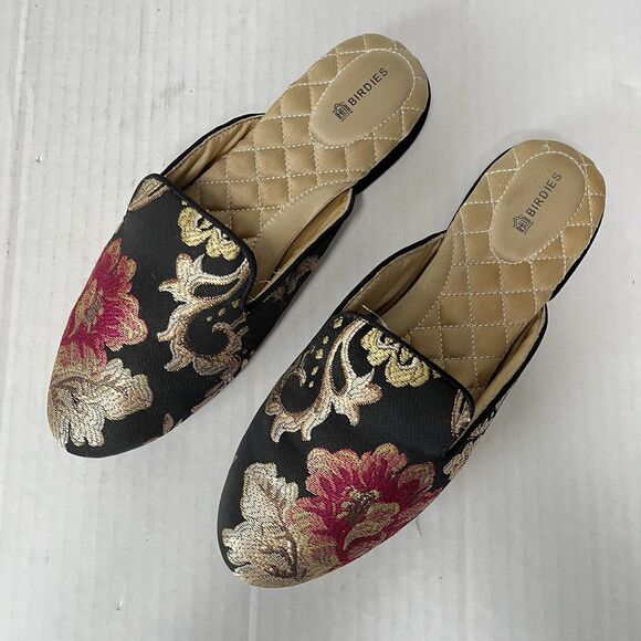 Birdies Phoebe Embroidered Floral Jacquard Slipper Mules Flats in Black Size 8.5 - Picture 1 of 15
